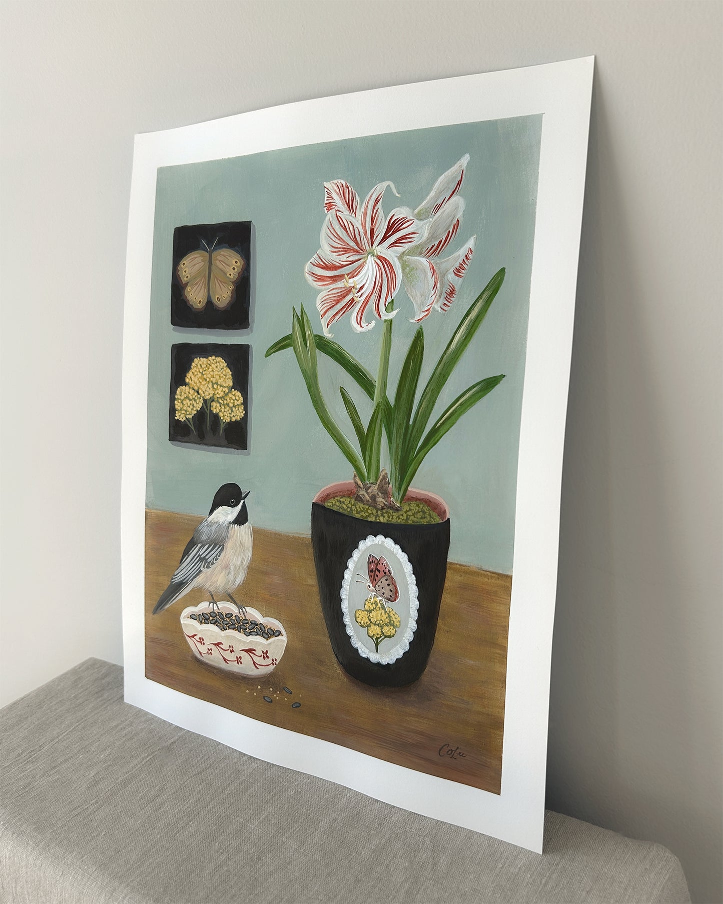 Amaryllis with Chickadee — Original Painting on Paper