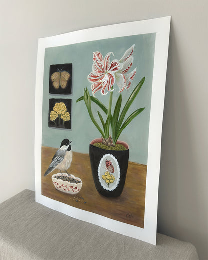 Amaryllis with Chickadee — Original Painting on Paper
