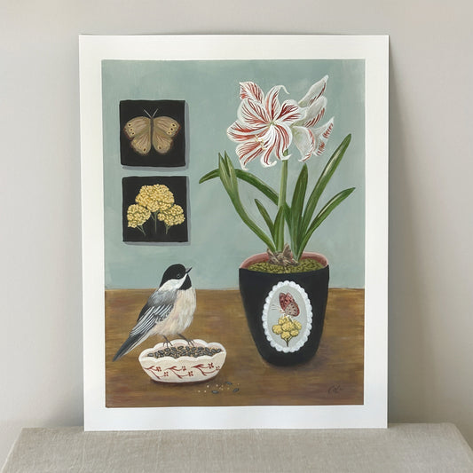 Amaryllis with Chickadee — Original Painting on Paper