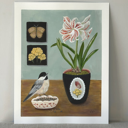 Amaryllis with Chickadee — Original Painting on Paper