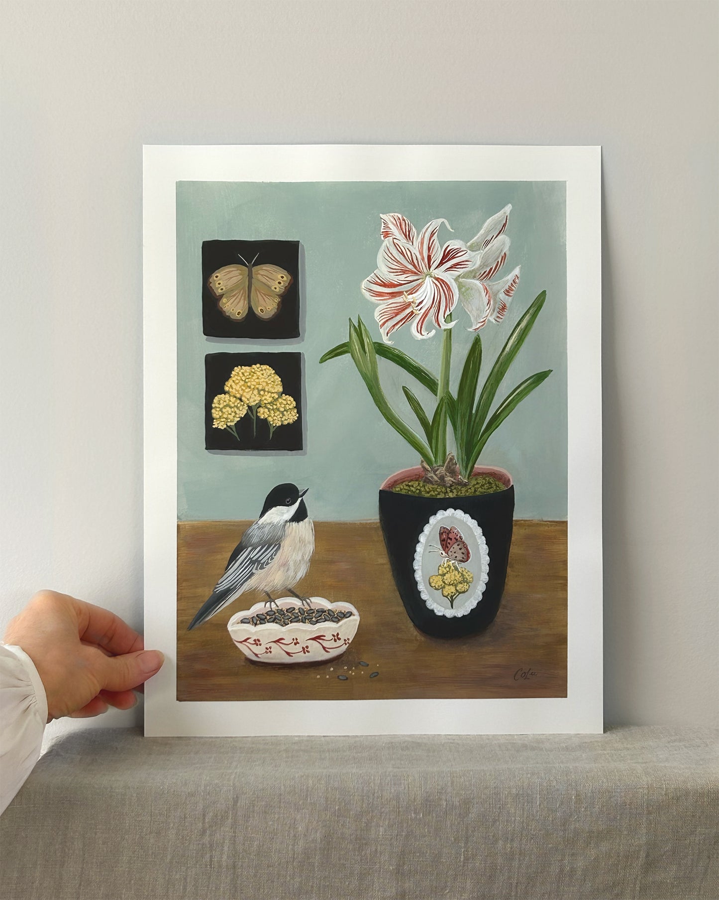 Amaryllis with Chickadee — Original Painting on Paper